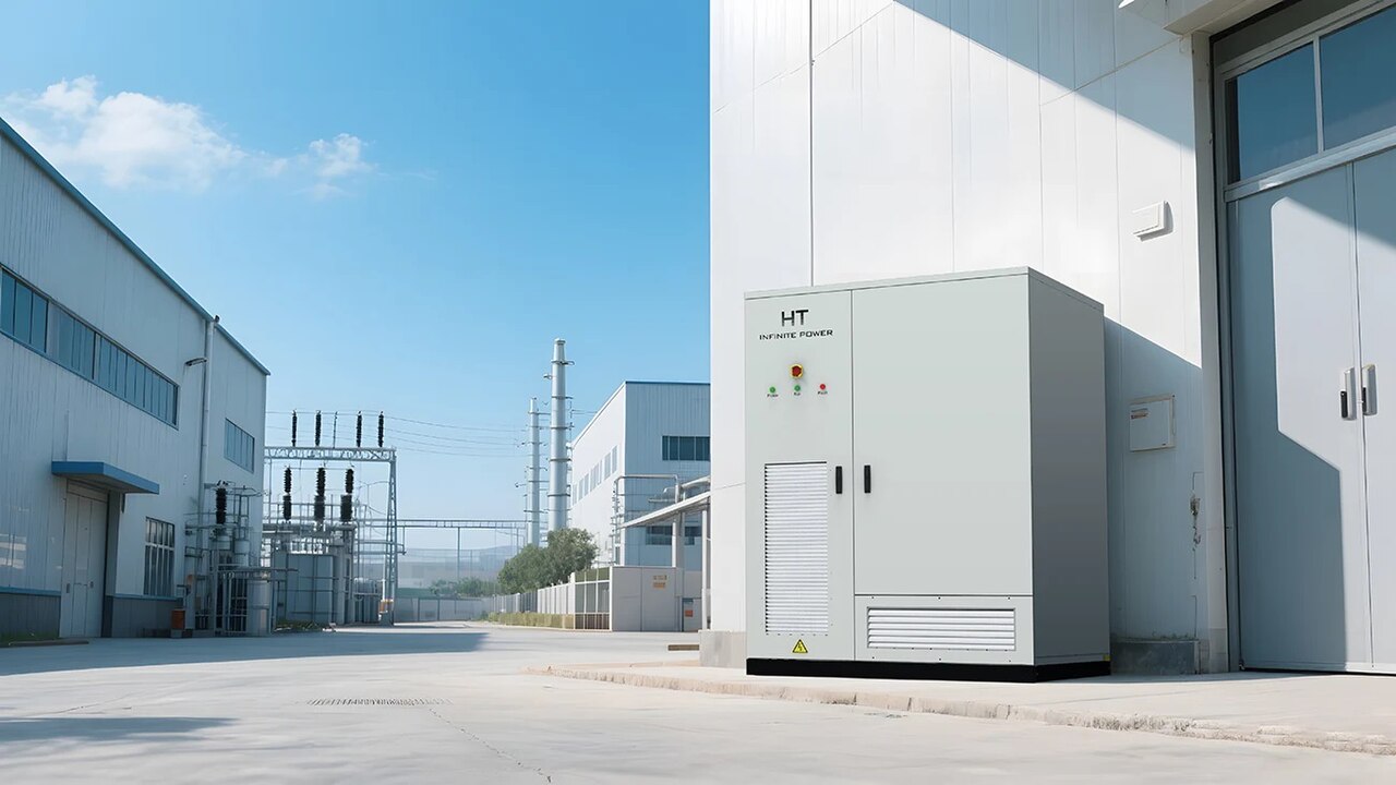 Air-cooled commercial and industrial battery energy storage cabinet installed outdoors beside an industrial building.